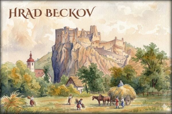 Zamek Beckov I – akwarela według L. Rohbocka – Magnes żywiczny