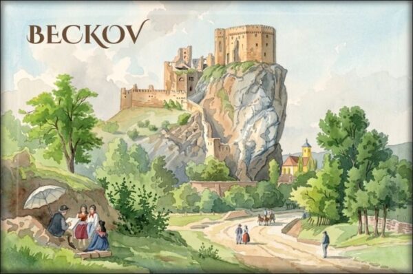 Zamek Beckov II – akwarela według L. Rohbocka – Magnes żywiczny